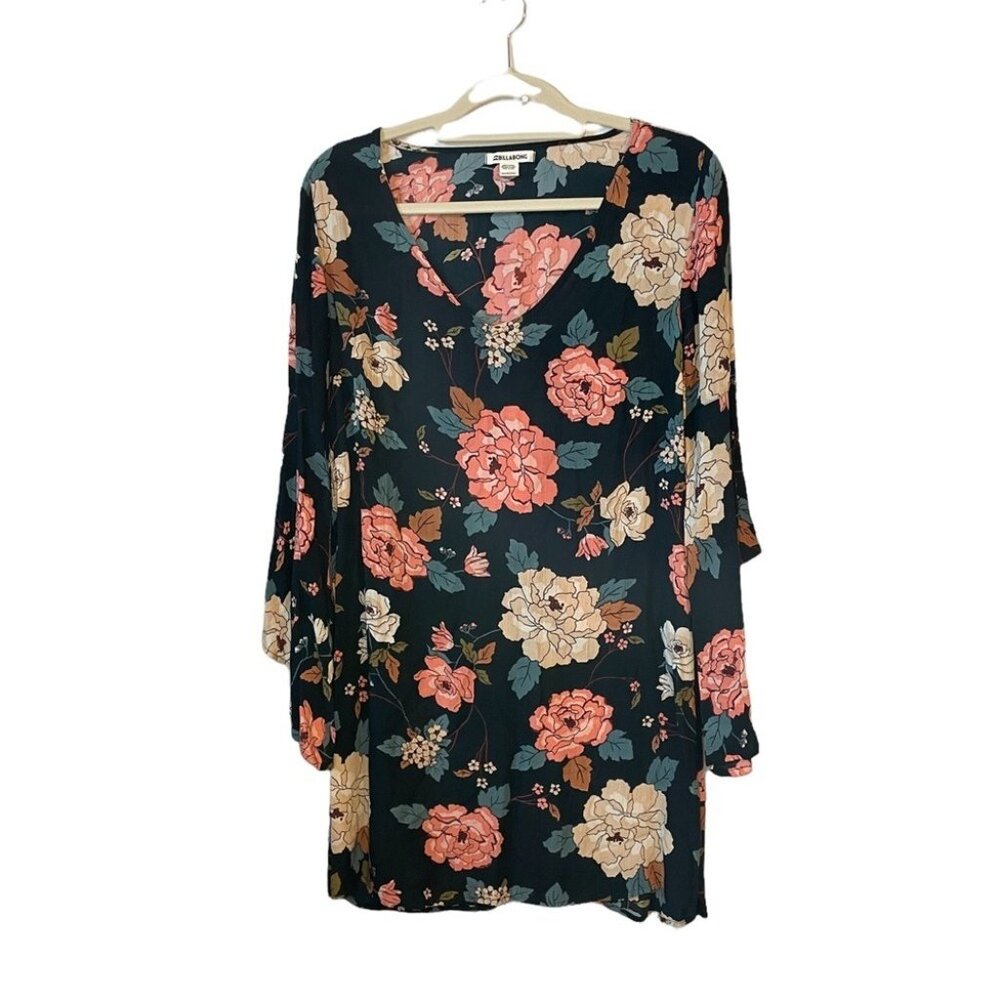 Billabong Womens Bell Sleeve Floral Dress Black Multicolor S Rayon
